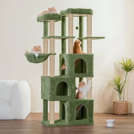 Multilevel Fur Fabric Cat Tree - Multiple Condos Hanging Ball Cat House